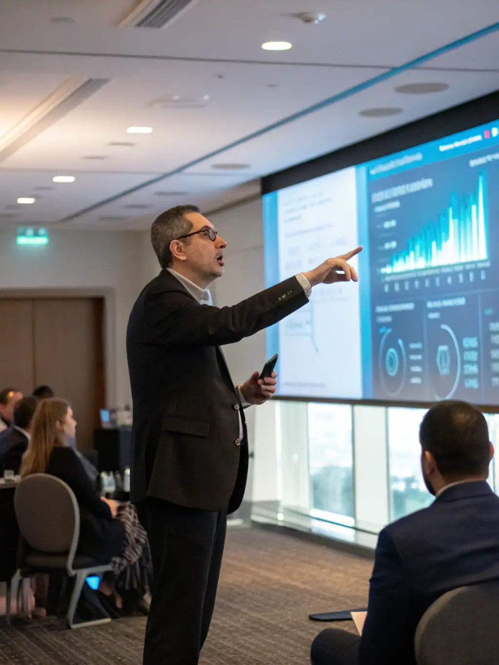 A photograph of Professor Ben Carter presenting on stage at the 2023 Manchester Tech Forum, with a slide about blockchain technology visible in the background.