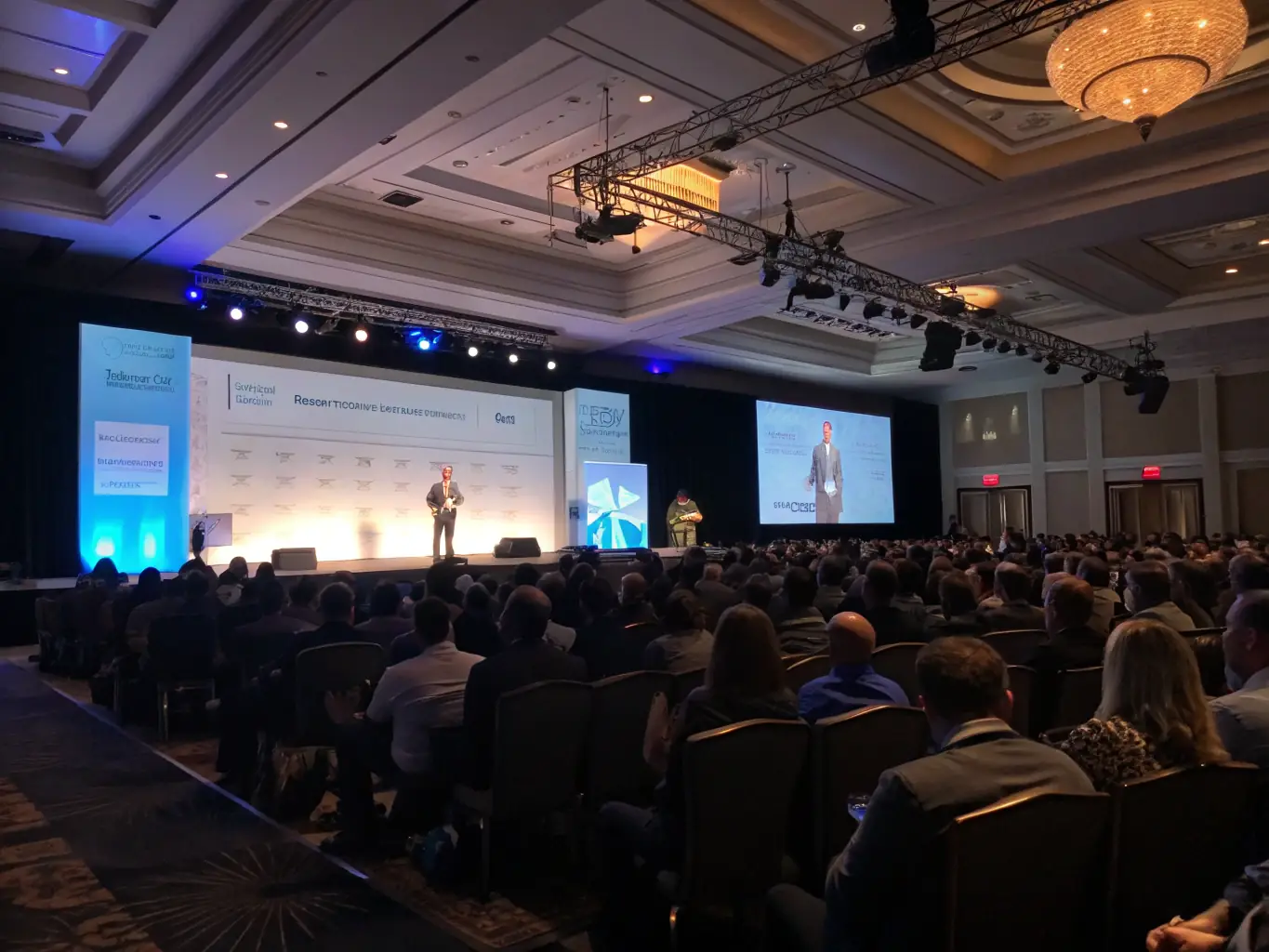 A photograph of a modern conference hall filled with attendees listening to a keynote speaker on stage at a tech conference in London, UK.