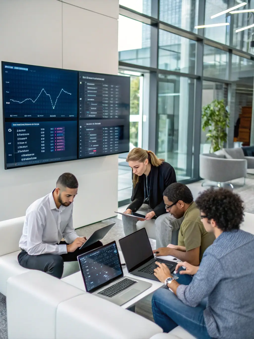 A photograph of attendees networking at the 'FinTech Innovations' conference, with a focus on a group discussing blockchain technology.